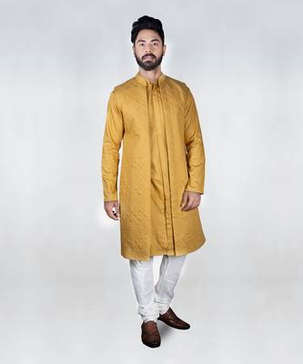 Mustard Quilt Long Open Jacket Kurta Set 1