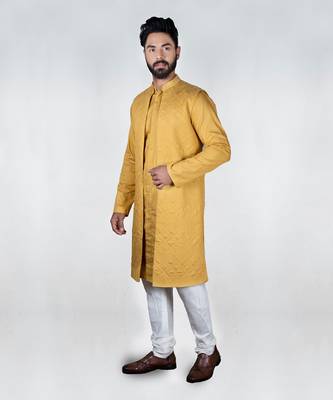 Mustard Quilt Long Open Jacket Kurta Set 2