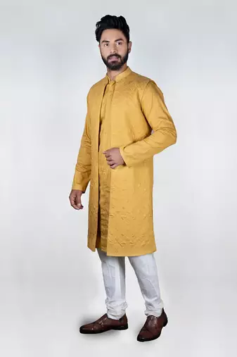 Mustard Quilt Long Open Jacket Kurta Set