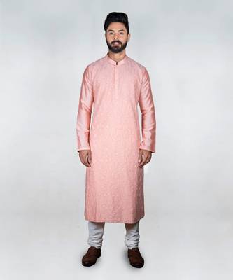Pink Flower Katha Embroidery Kurta Set 1
