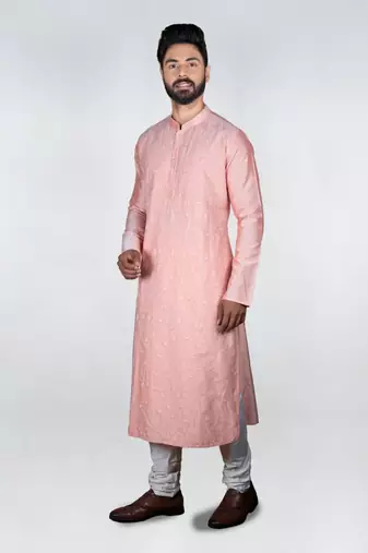 Pink Flower Katha Embroidery Kurta Set