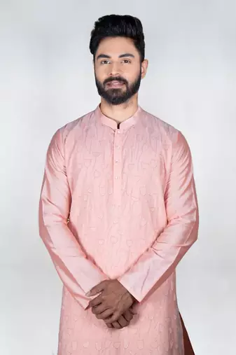 Pink Flower Katha Embroidery Kurta Set