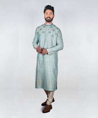 Aqua Green Printed Kurta With Embroidery Set 1