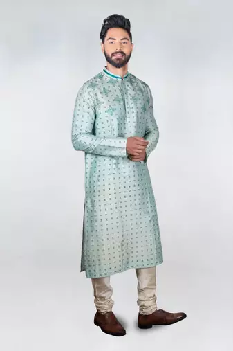 Aqua Green Printed Kurta With Embroidery Set