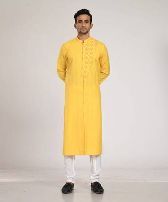 Yellow Flap With Katha Embroidered With Stichline Kurta Set 1