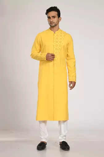 Yellow Flap With Katha Embroidered With Stichline Kurta Set