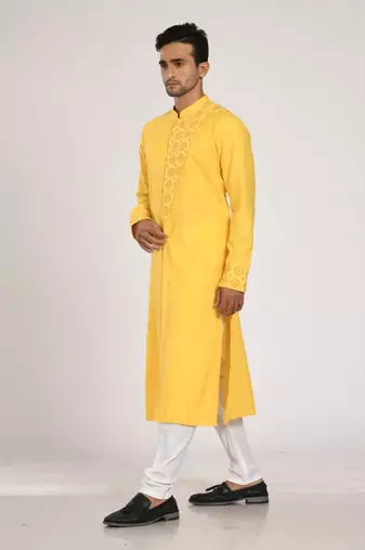 Yellow Flap With Katha Embroidered With Stichline Kurta Set
