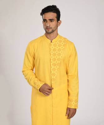 Yellow Flap With Katha Embroidered With Stichline Kurta Set 4