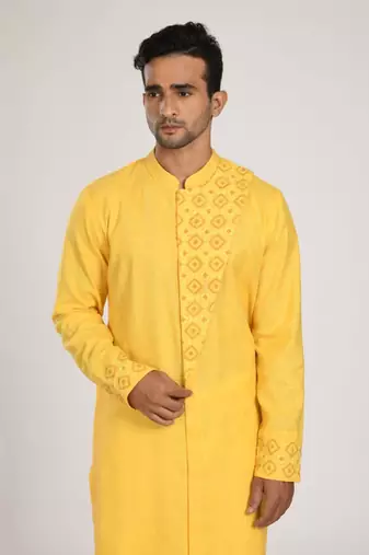 Yellow Flap With Katha Embroidered With Stichline Kurta Set