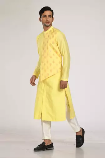 Yellow Flap With Embroidery And Stichline  Kurta Set