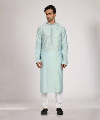 Aqua Blue Hand Embrodired Applique / Stitchline Kurta With Churidar Set 1