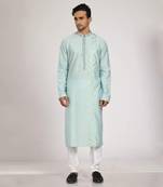 Aqua Blue Hand Embrodired Applique / Stitchline Kurta With Churidar Set