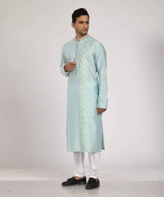 Aqua Blue Hand Embrodired Applique / Stitchline Kurta With Churidar Set 2