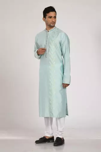 Aqua Blue Hand Embrodired Applique / Stitchline Kurta With Churidar Set