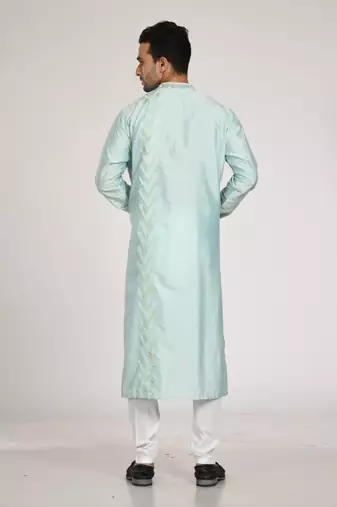 Aqua Blue Hand Embrodired Applique / Stitchline Kurta With Churidar Set