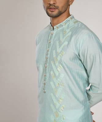 Aqua Blue Hand Embrodired Applique / Stitchline Kurta With Churidar Set 4
