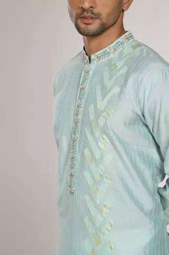 Aqua Blue Hand Embrodired Applique / Stitchline Kurta With Churidar Set
