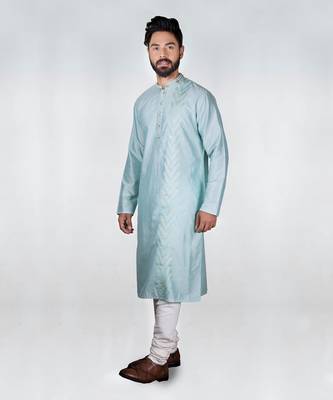 Aqua Blue Hand Embrodired Applique / Stitchline Kurta With Churidar Set 5