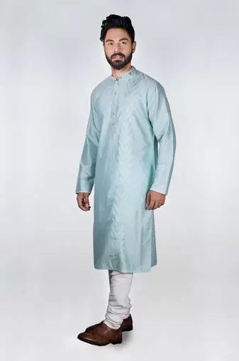 Aqua Blue Hand Embrodired Applique / Stitchline Kurta With Churidar Set