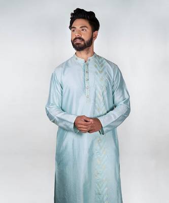 Aqua Blue Hand Embrodired Applique / Stitchline Kurta With Churidar Set 6