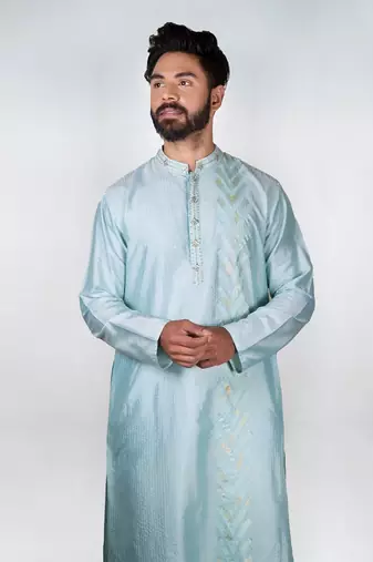 Aqua Blue Hand Embrodired Applique / Stitchline Kurta With Churidar Set