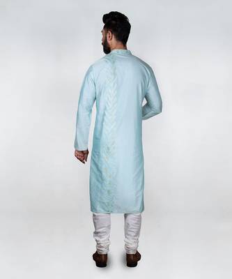 Aqua Blue Hand Embrodired Applique / Stitchline Kurta With Churidar Set 7