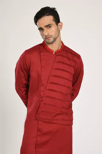 Marun Indo Western Pleated Kurta With Chus Pajama