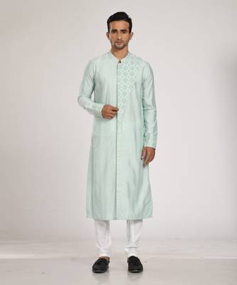 Aqua Blue Katha Hand Embroiderey On Flap With Stichline  Kurta Set 1