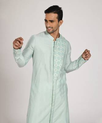 Aqua Blue Katha Hand Embroiderey On Flap With Stichline  Kurta Set 2