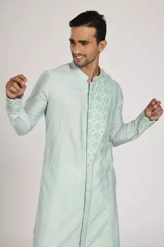 Aqua Blue Katha Hand Embroiderey On Flap With Stichline  Kurta Set