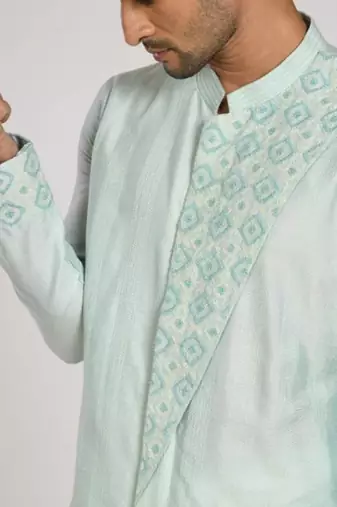 Aqua Blue Katha Hand Embroiderey On Flap With Stichline  Kurta Set