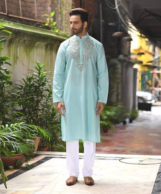 Aqua Bluesequence Hand Embroiderey Around Neck Of Kurta Set 1