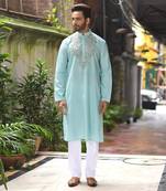 Aqua Bluesequence Hand Embroiderey Around Neck Of Kurta Set