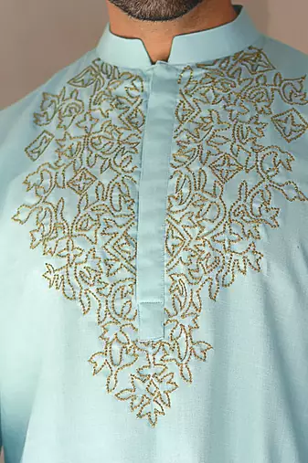 Aqua Bluesequence Hand Embroiderey Around Neck Of Kurta Set