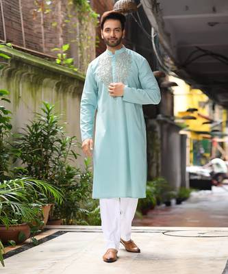 Aqua Bluesequence Hand Embroiderey Around Neck Of Kurta Set 3