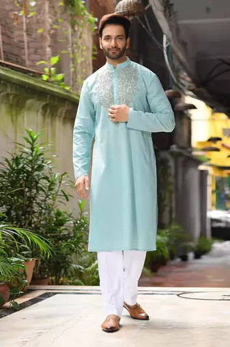 Aqua Bluesequence Hand Embroiderey Around Neck Of Kurta Set