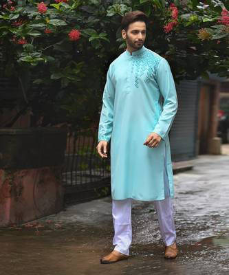 Aqua Blue One Side Embroidered Kurta Set 1