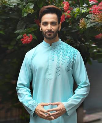 Aqua Blue One Side Embroidered Kurta Set 3