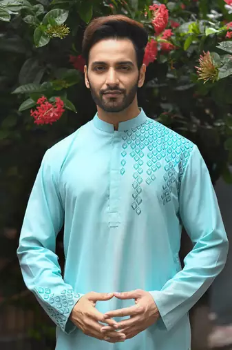 Aqua Blue One Side Embroidered Kurta Set