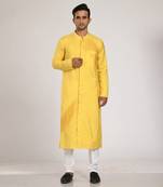 Yellow Pleated Indo Western With Hand Embroidery Kurta Set