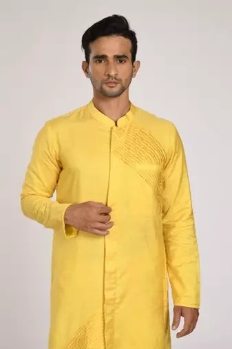 Yellow Pleated Indo Western With Hand Embroidery Kurta Set