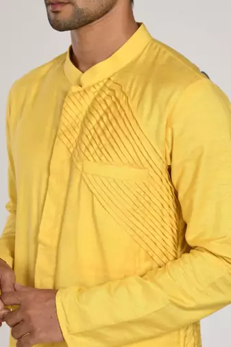 Yellow Pleated Indo Western With Hand Embroidery Kurta Set