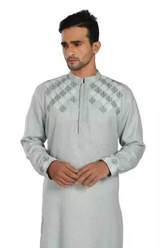Powder Aqua Blue Leaf Embroidery Kurta Set