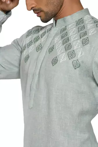 Powder Aqua Blue Leaf Embroidery Kurta Set