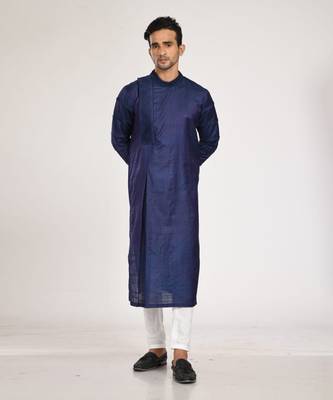 Dark Blue Box Pleat With Hand Embroidery Kurta With Chus Pajama Set 1
