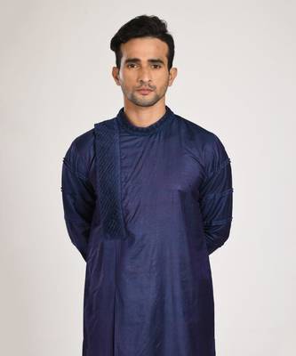 Dark Blue Box Pleat With Hand Embroidery Kurta With Chus Pajama Set 2