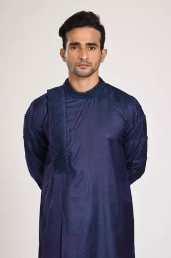 Dark Blue Box Pleat With Hand Embroidery Kurta With Chus Pajama Set