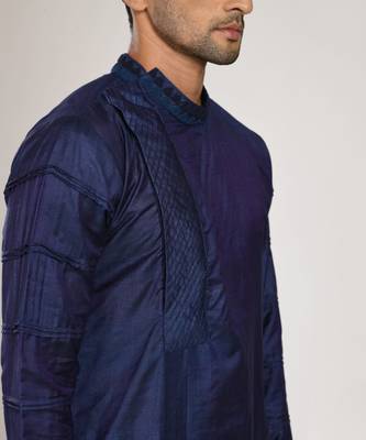Dark Blue Box Pleat With Hand Embroidery Kurta With Chus Pajama Set 3