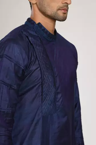 Dark Blue Box Pleat With Hand Embroidery Kurta With Chus Pajama Set