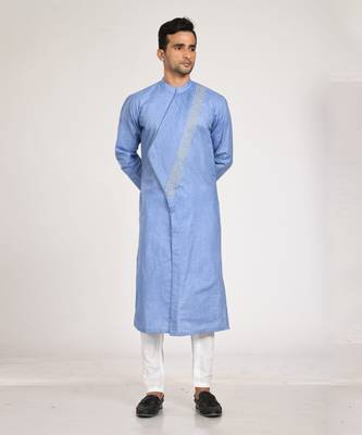 Blue Asymmetrical Pleated Kurta With Chus Pajama Set 1